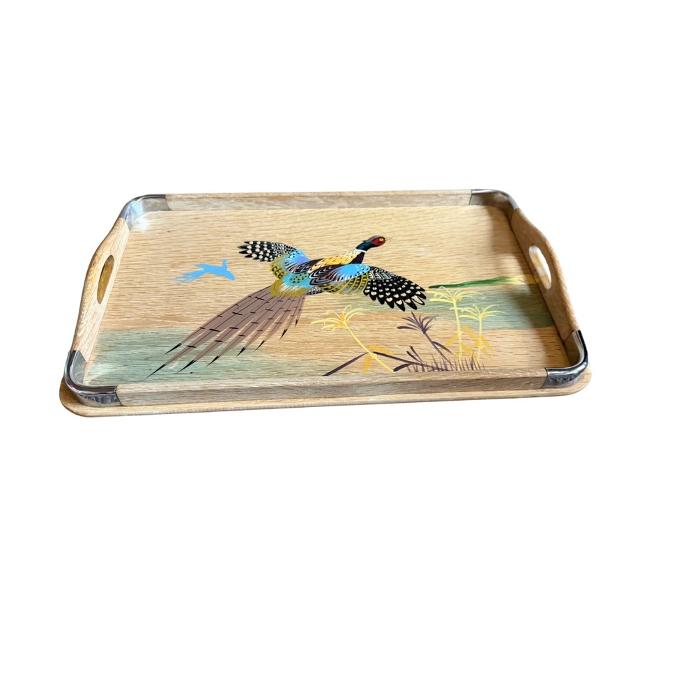 Vintage Wooden Serving Tray Flying Pheasant Hand Painted Chrome Corners 19 Inch